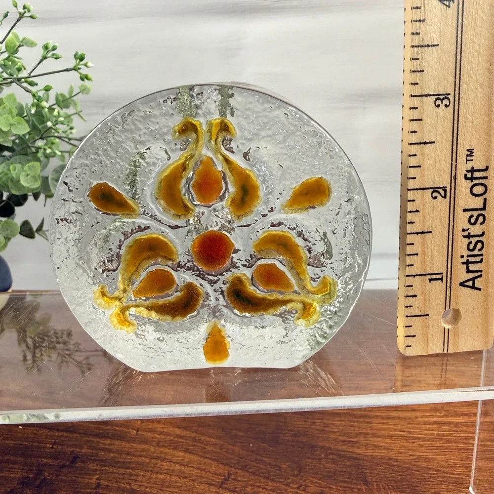 Walther Glas Crystal Bud Vase Amber Floral Relief West Germany